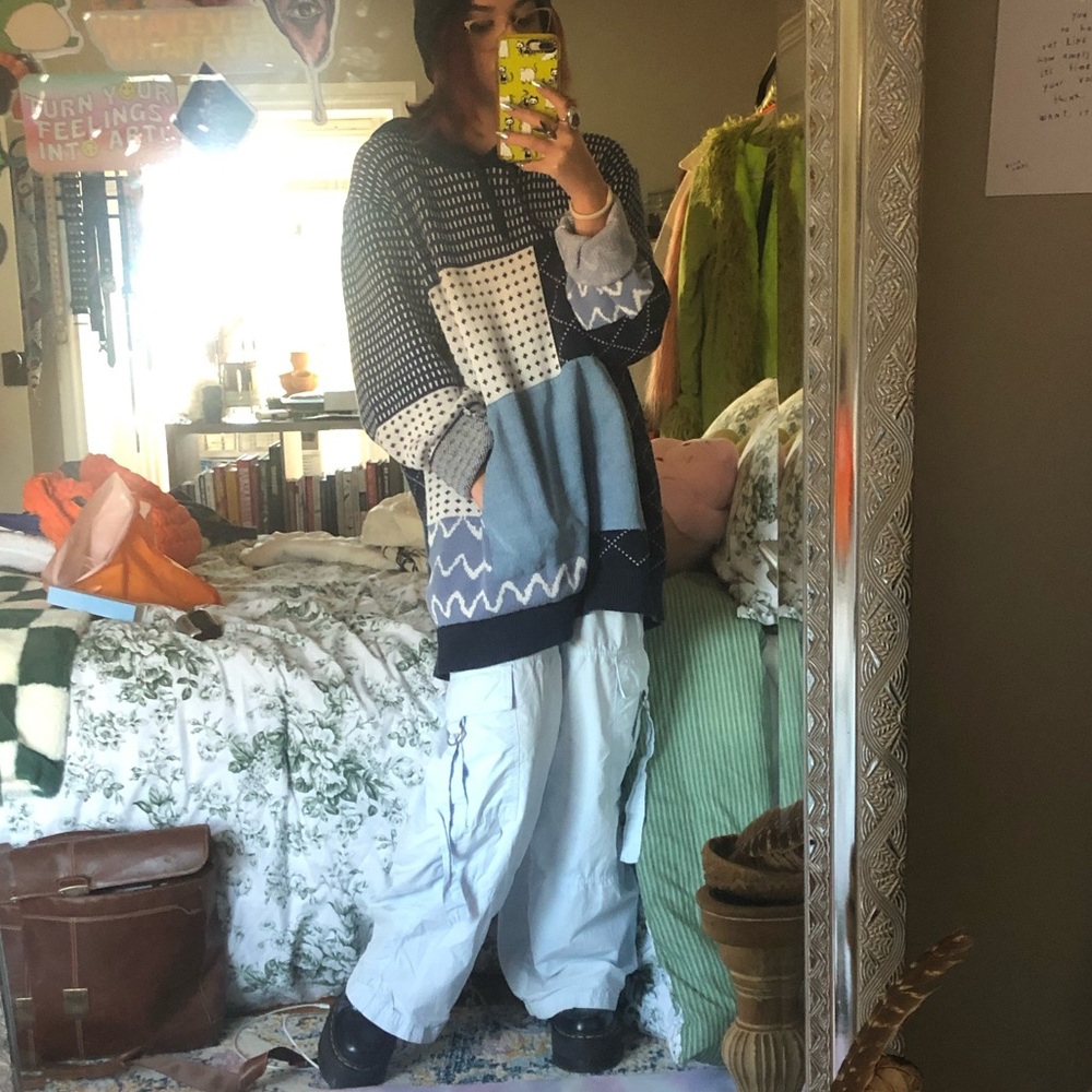 Sunstone XXL Blue and White Patchwork Hoodie